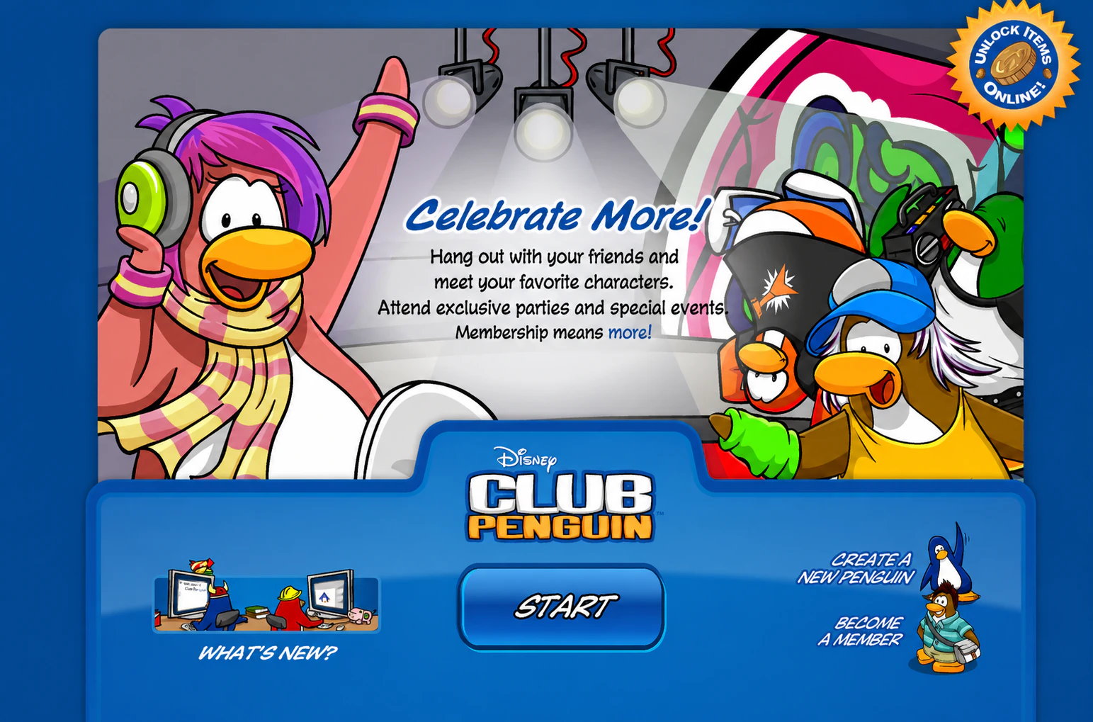 Classic Club Penguin landing screen running in a modern browser through Ruffle