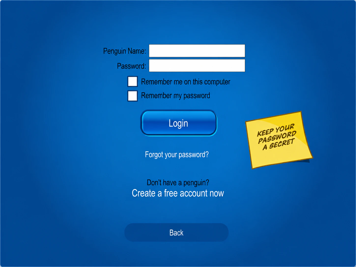 Club Penguin login screen rendered by Ruffle with empty penguin name and password fields