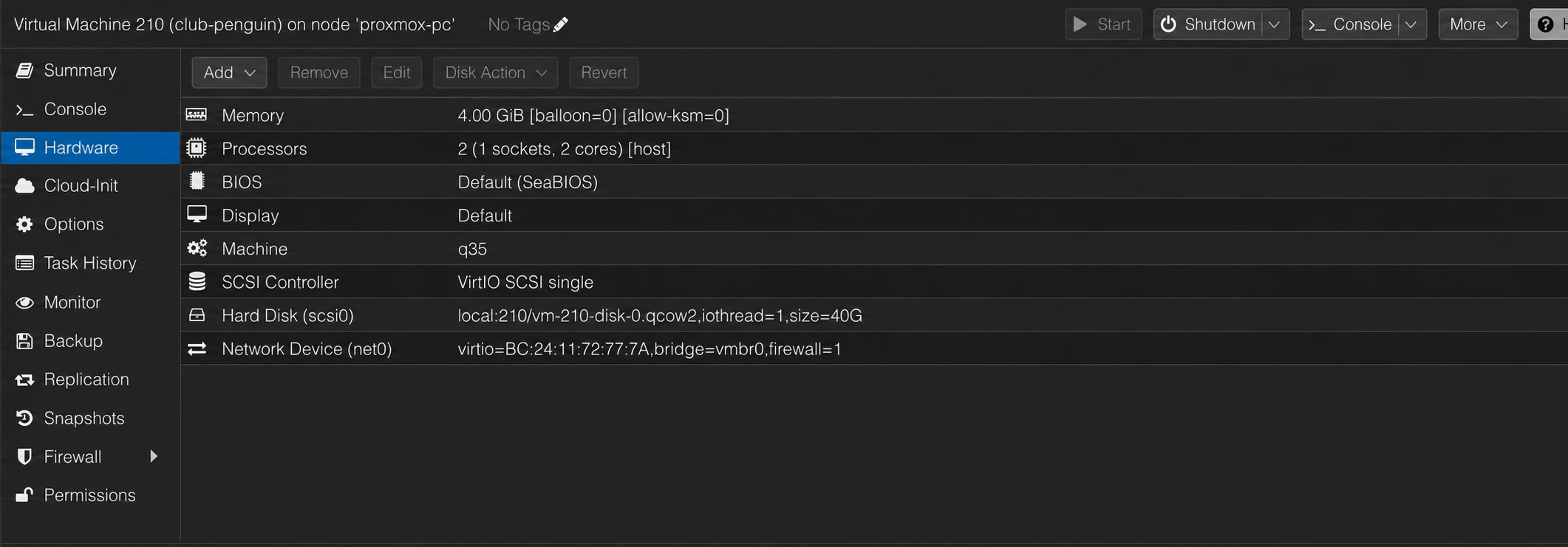 Proxmox hardware configuration for the Club Penguin virtual machine