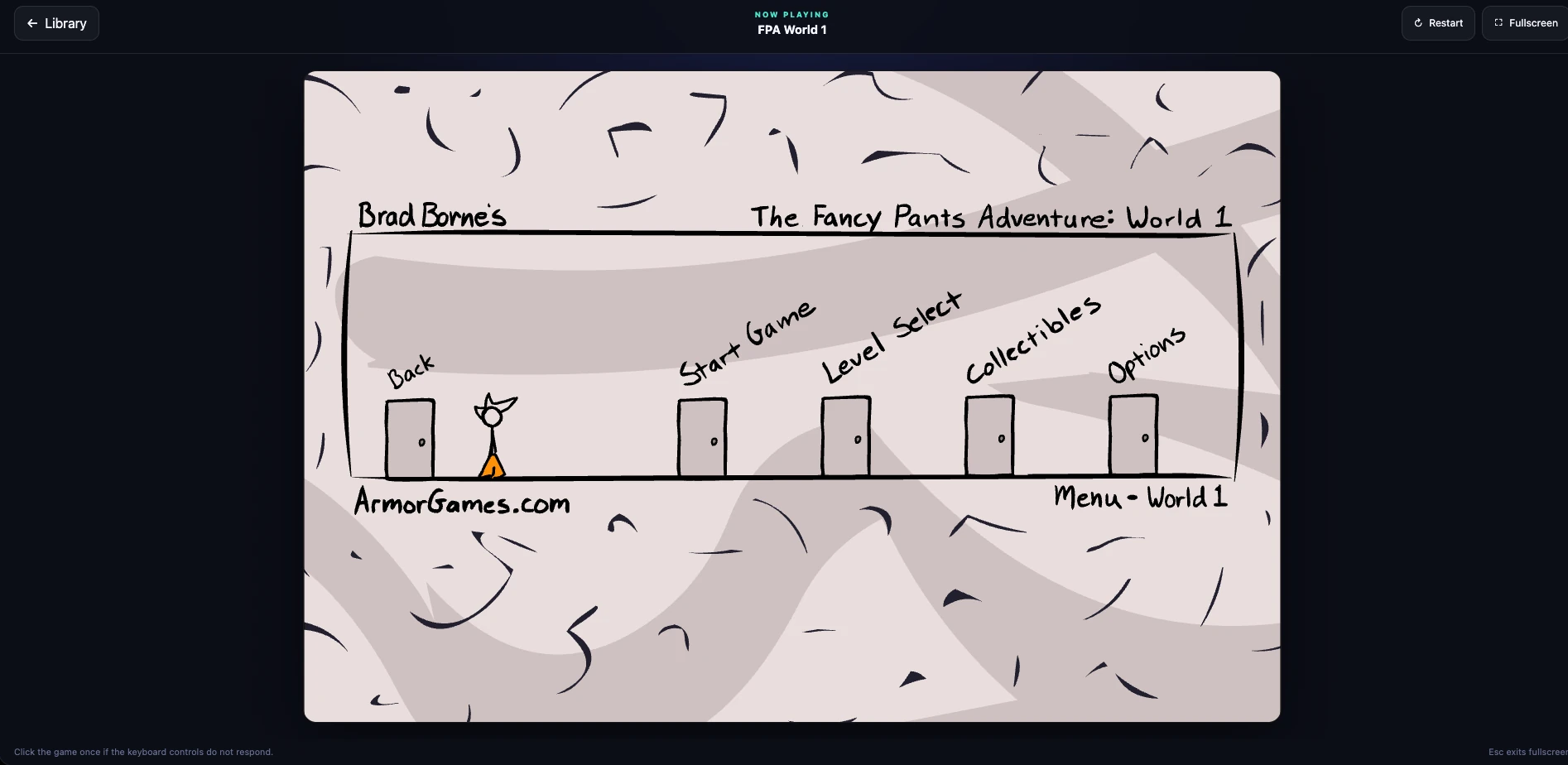 Fancy Pants Adventures World 1 menu running inside the arcade's dedicated Ruffle player