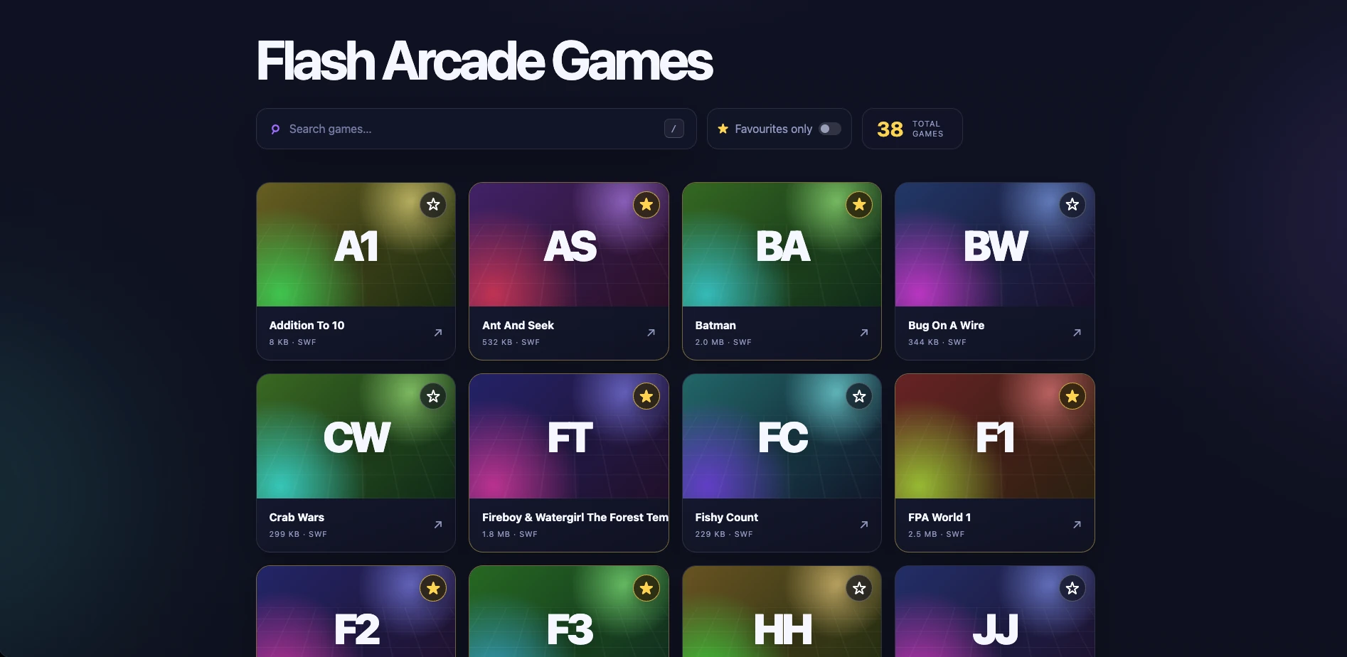 Flash Arcade Games library showing search, favourites, a 38-game counter, and a grid of automatically generated game cards