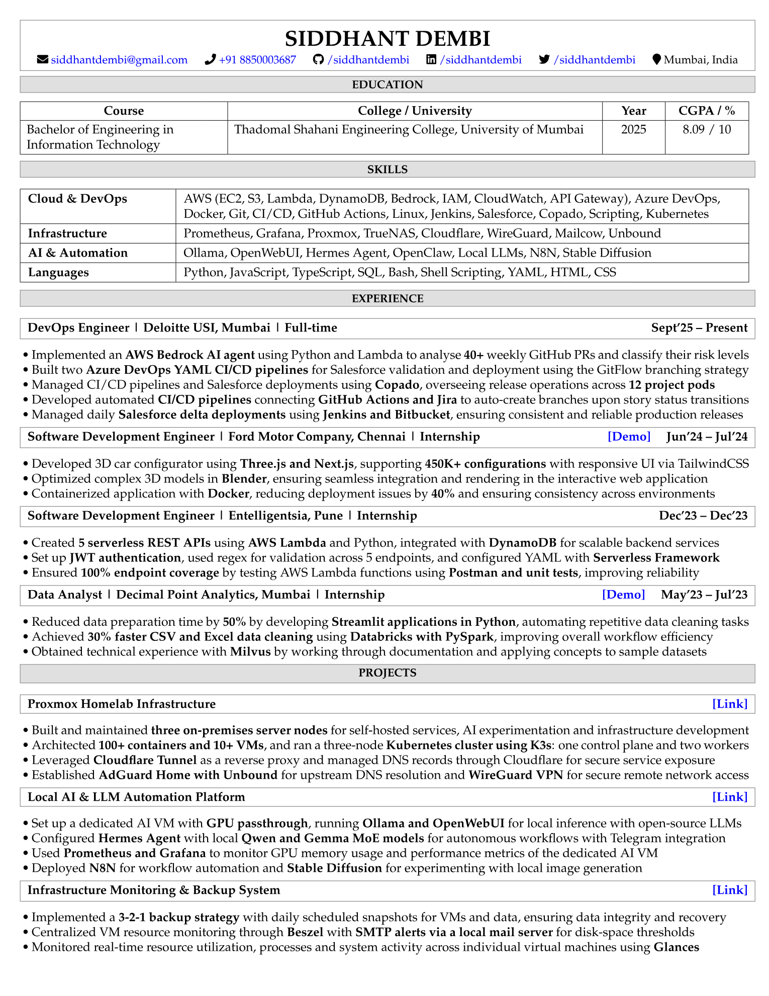 Siddhant Dembi resume, page 1